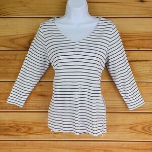 J. Jill 3/4 Sleeve V-Neck Shirt Womens S White Black Striped 100% Cotton Stretch